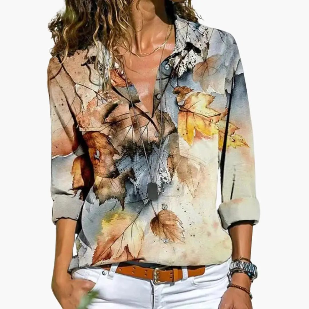 Bluse mit floralem Blattmuster in Herbsttönen, langärmlig, Casual Look