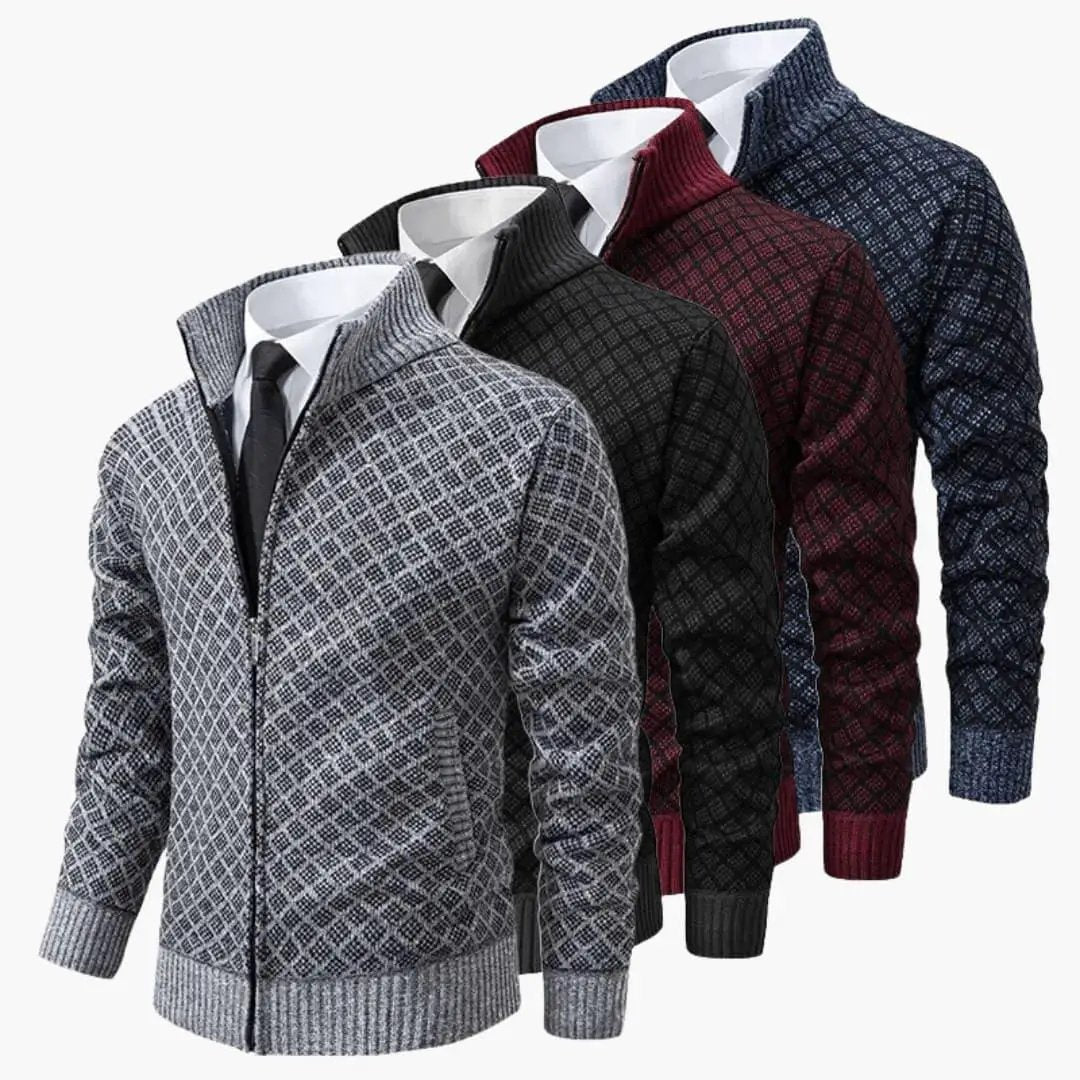 Wilfred Smith men’s sport jackets set of four with diamond lattice pattern in gray, black, burgundy, navy; zip closures.