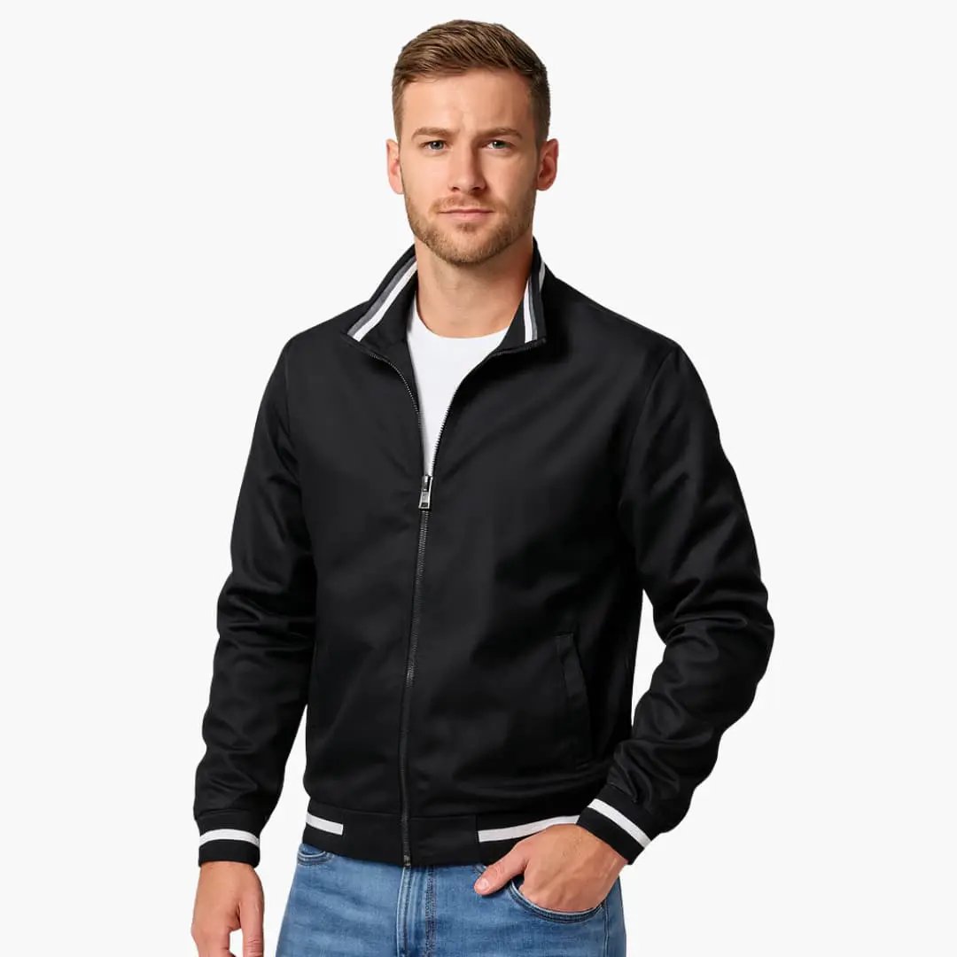 Men's bomber jacket in black with zipper and striped hem, Wilfred Smith