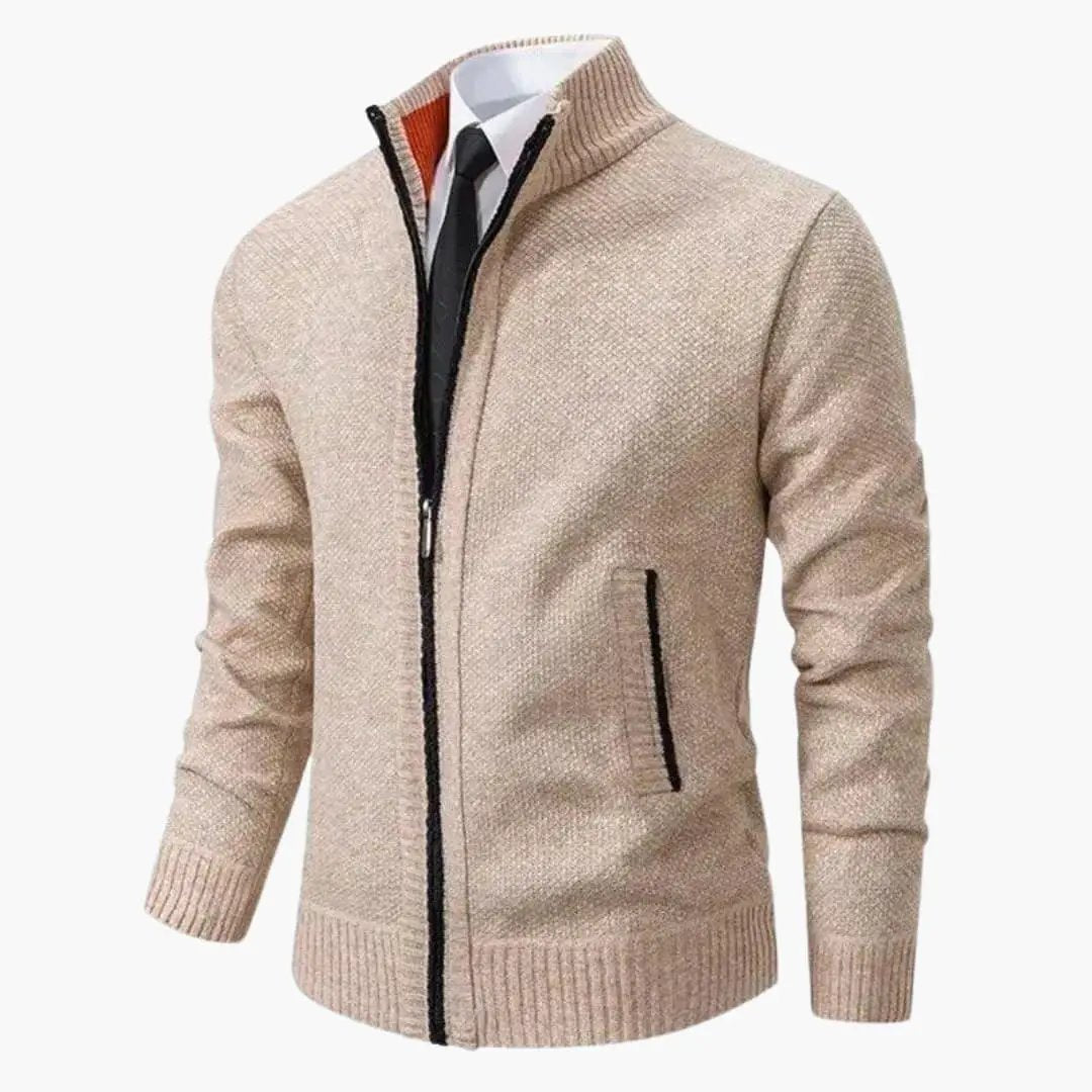Men's knit jacket by Wilfred Smith, beige zip-up with ribbed collar and front pockets