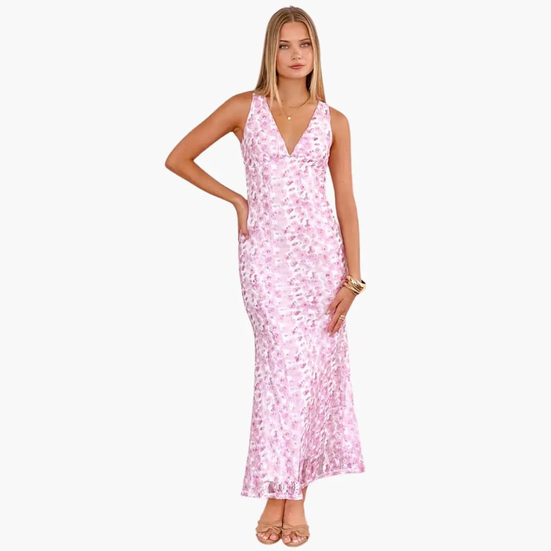 Lace Maxi Dress by Wilfred Smith, pink floral lace, V-neck, women's maxi dress