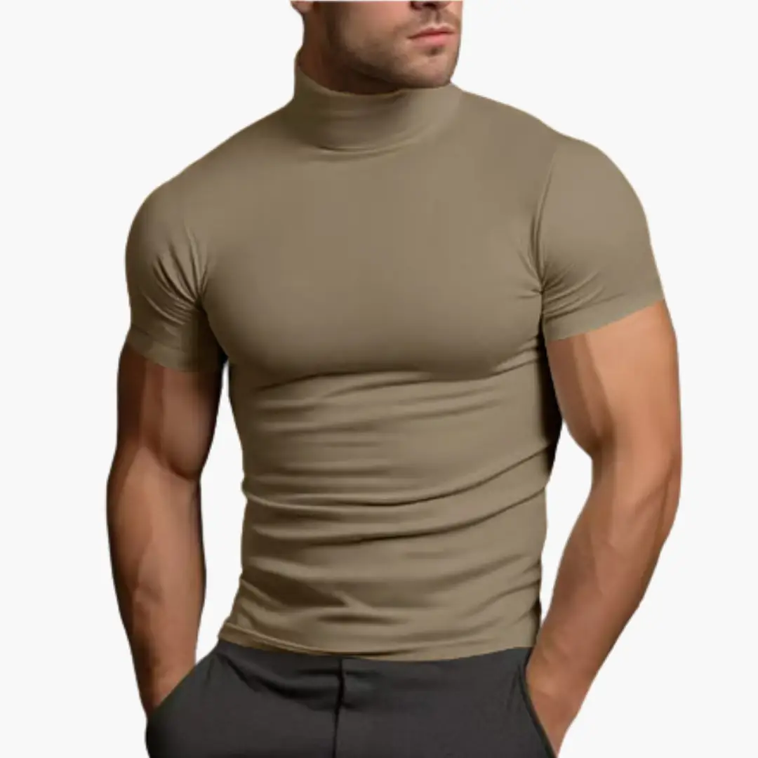 Turtleneck Casual Shirt for Men - tan, slim-fit short-sleeve