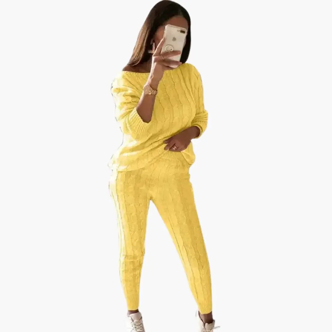 Women's yellow knitted two-piece set with long sleeves and elastic waistband by Wilfred Smith