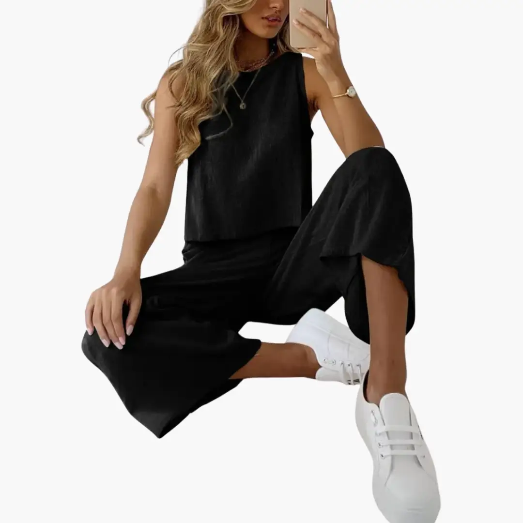 Women’s black two-piece outfit set with a sleeveless top and wide-leg pants