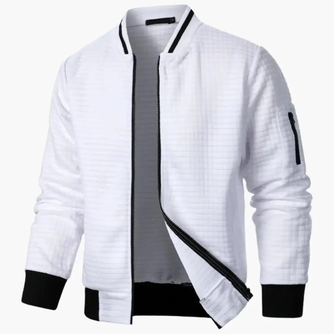 Men's bomber jacket by Wilfred Smith, white quilted jacket with black ribbed cuffs and front zipper.