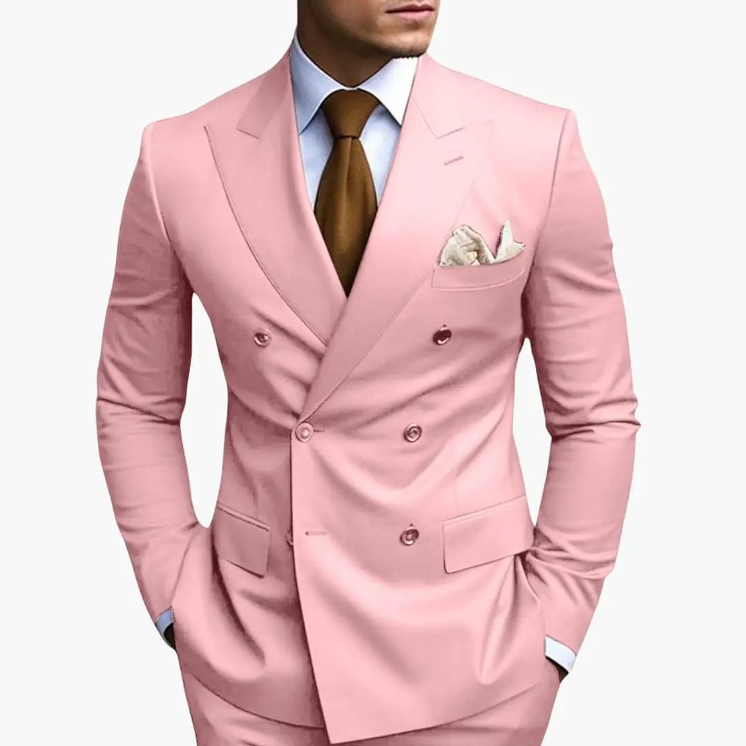 Wilfred Smith men's pink double-breasted suit with notched lapels and pocket square