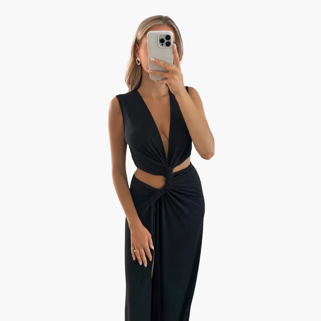Black cut-out V-neck summer dress with knot-front waist and side slit