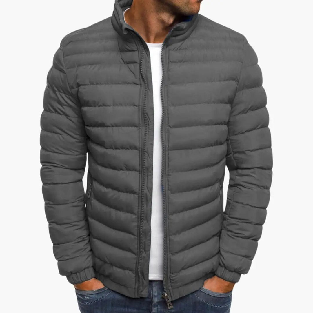 Lightweight quilted jacket with zipper in gray; men's transitional outerwear