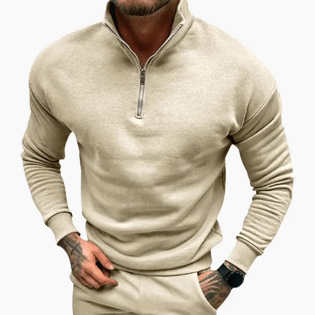 Men's zip-up sweatshirt in beige with a stand-up collar and half-zip front.