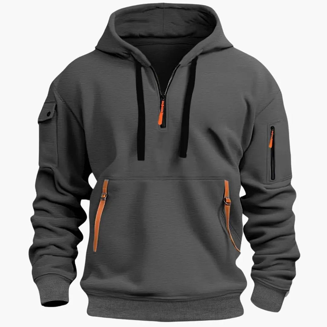 Men's gray hoodie with orange zipper accents, adjustable hood, and zip pockets.