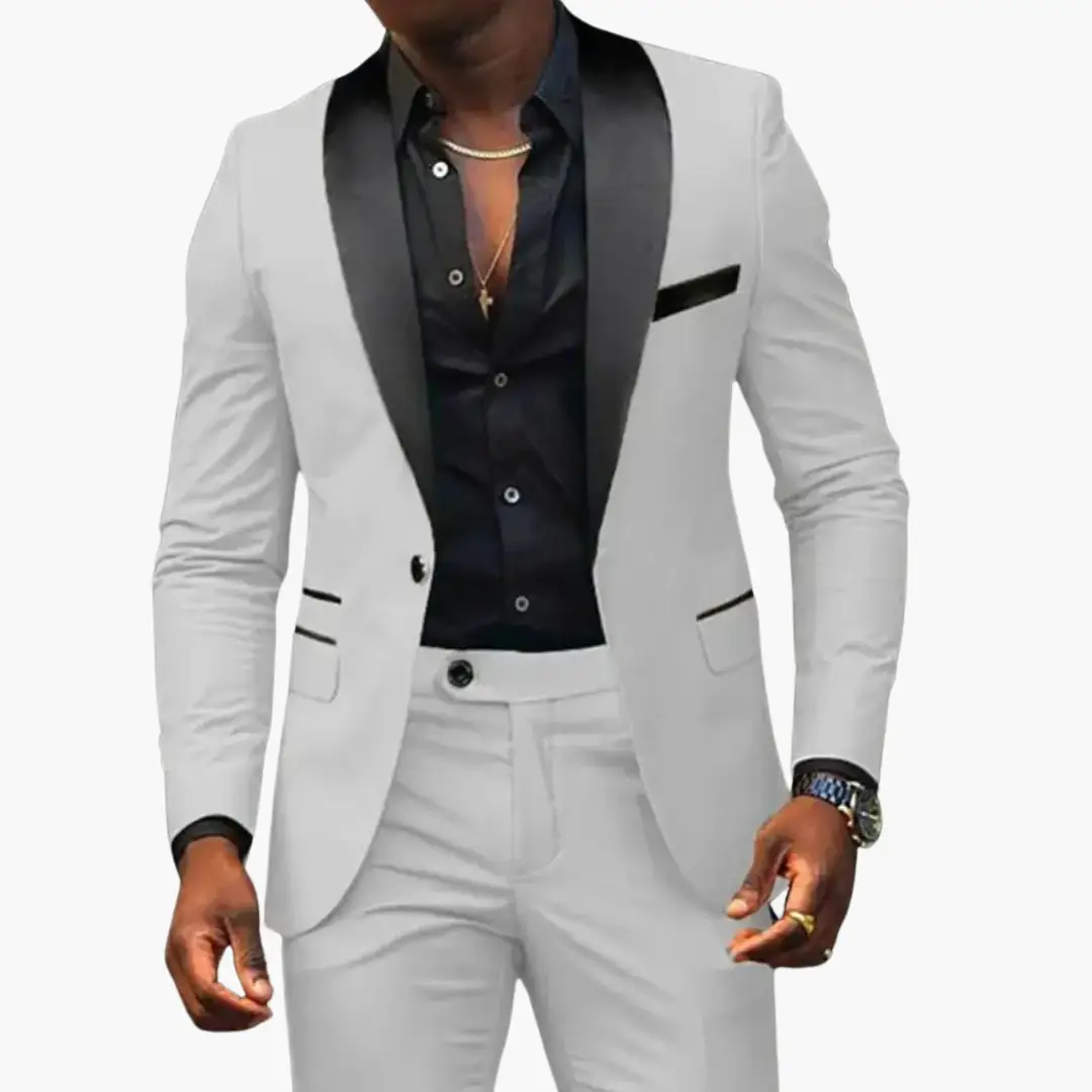 Two-piece white wedding suit with black satin lapels, modern cut