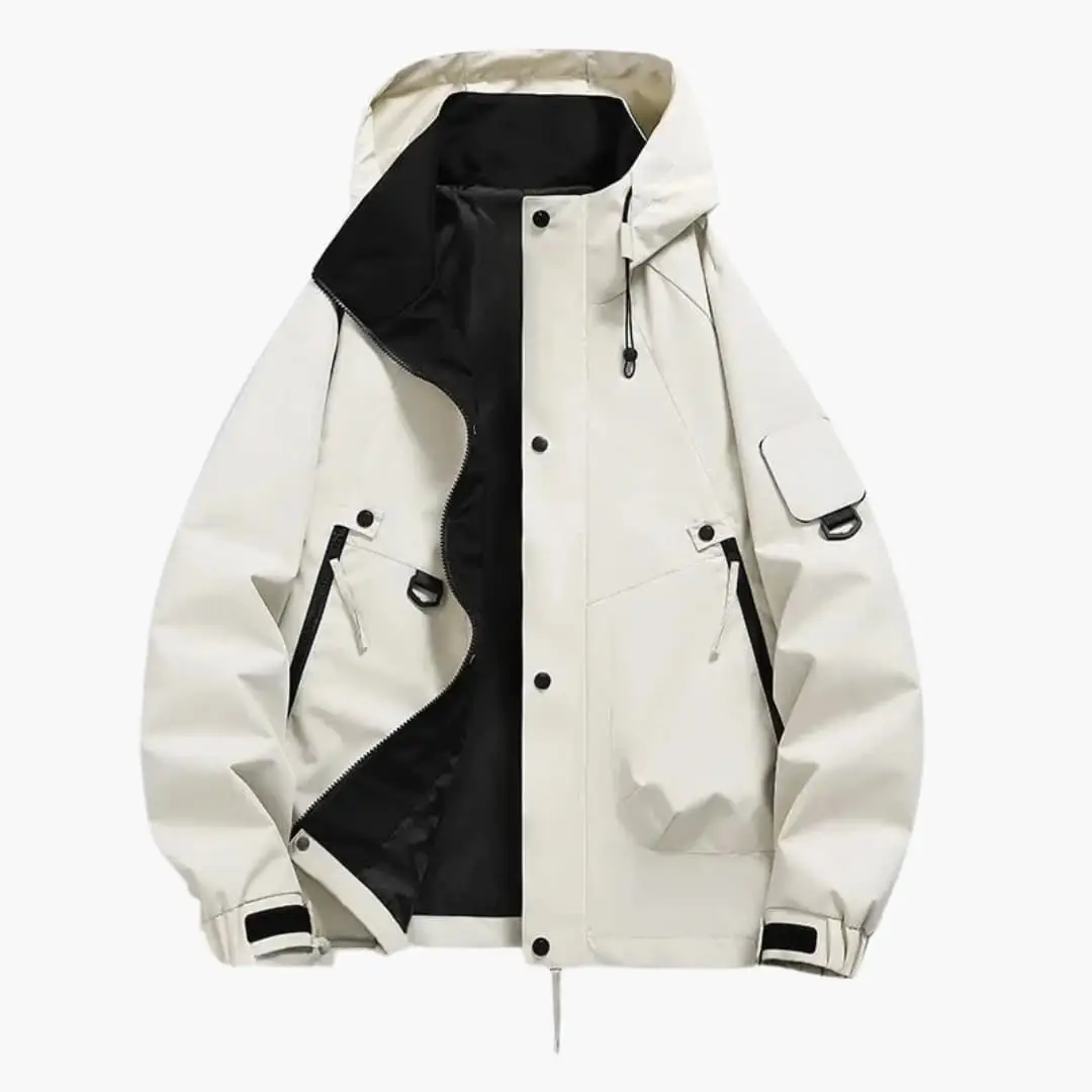 Unisex hooded parka by Wilfred Smith in beige with black interior and zip pockets
