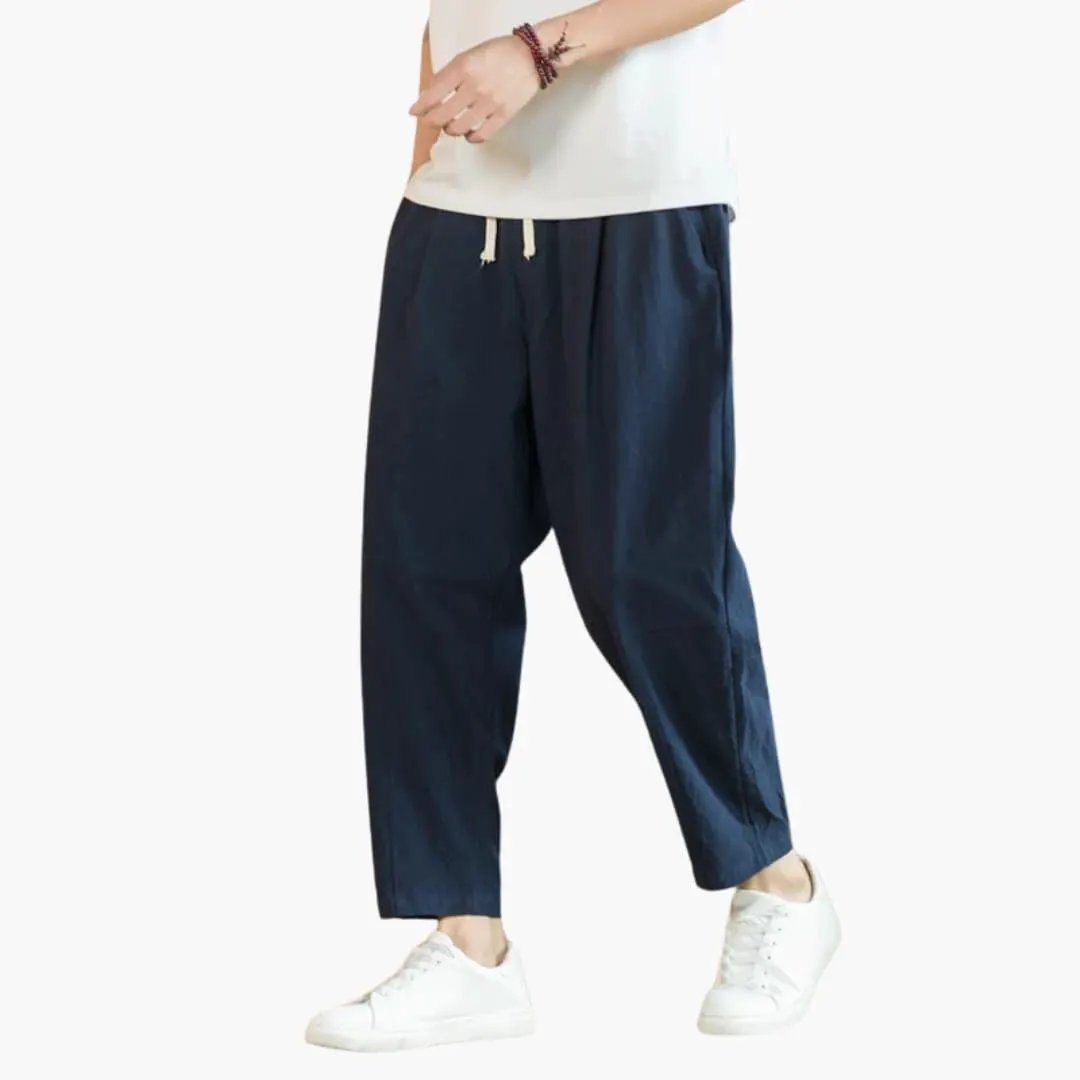 Men's navy drawstring leisure trousers with relaxed fit