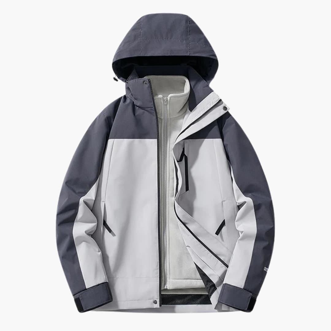 Unisex ski jacket with hood by Wilfred Smith, gray color-block with zipper pockets.