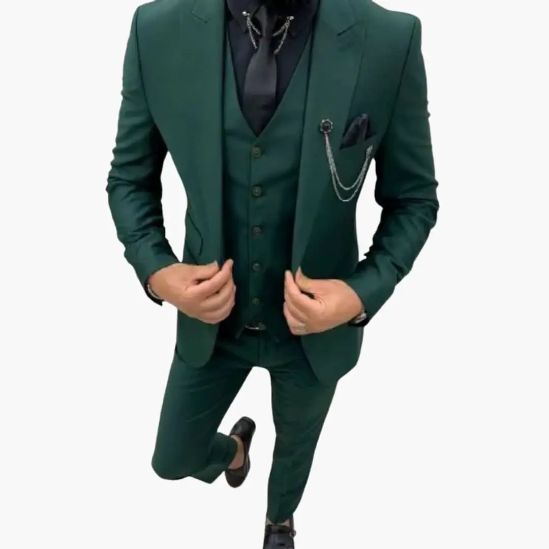 Men's three-piece suit in emerald green by Wilfred Smith; slim-fit with notch lapel jacket and matching vest.