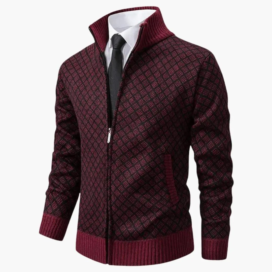 Men’s tailored sport jacket by Wilfred Smith in burgundy with diamond pattern, zip front