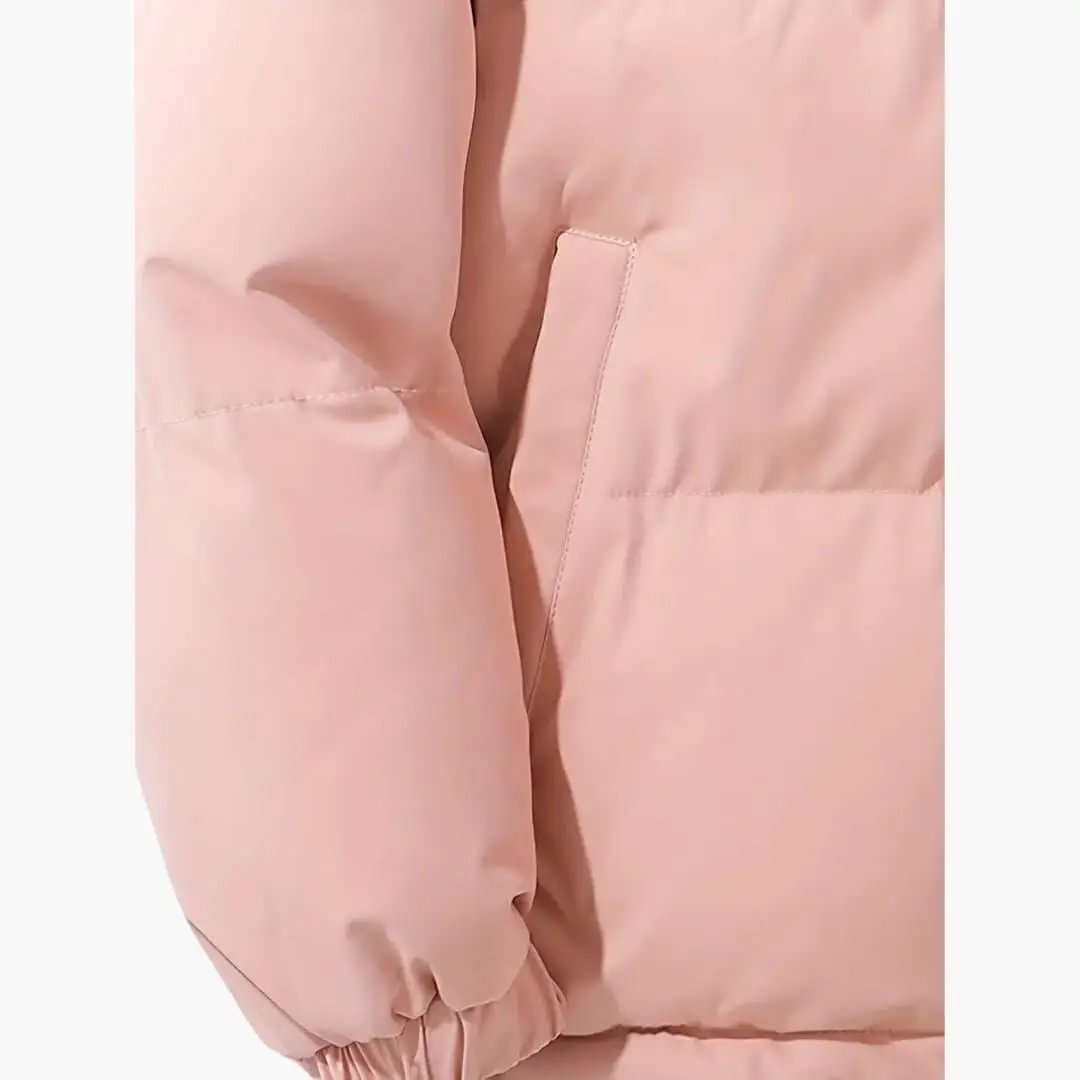 Women's pink hooded jacket, parka style, with visible exterior stitching.