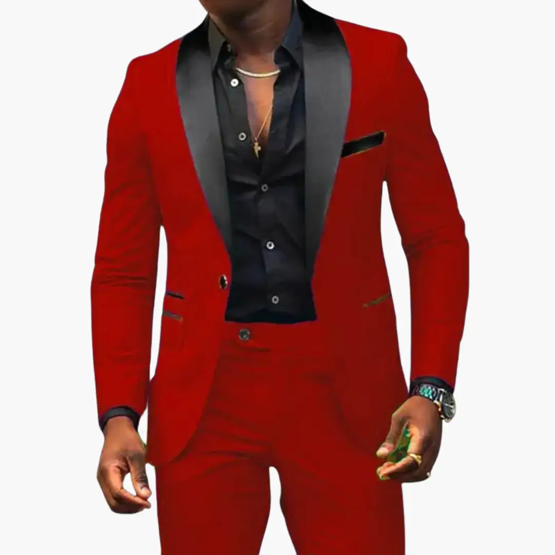 Elegant Men's Wedding Suit by Wilfred Smith - red two-piece with modern cut and black satin lapels.