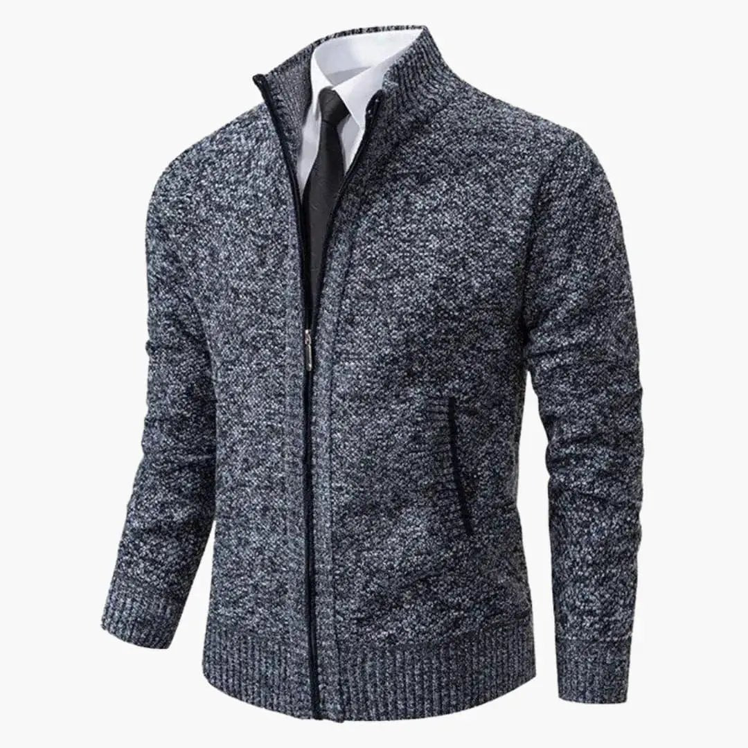 Men’s Knit Jacket with Zipper and Ribbed Collar in heather navy knit fabric