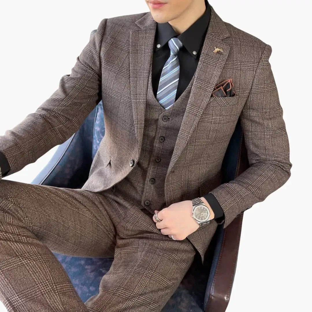 Men's three-piece brown check suit with vest and pocket square by Wilfred Smith