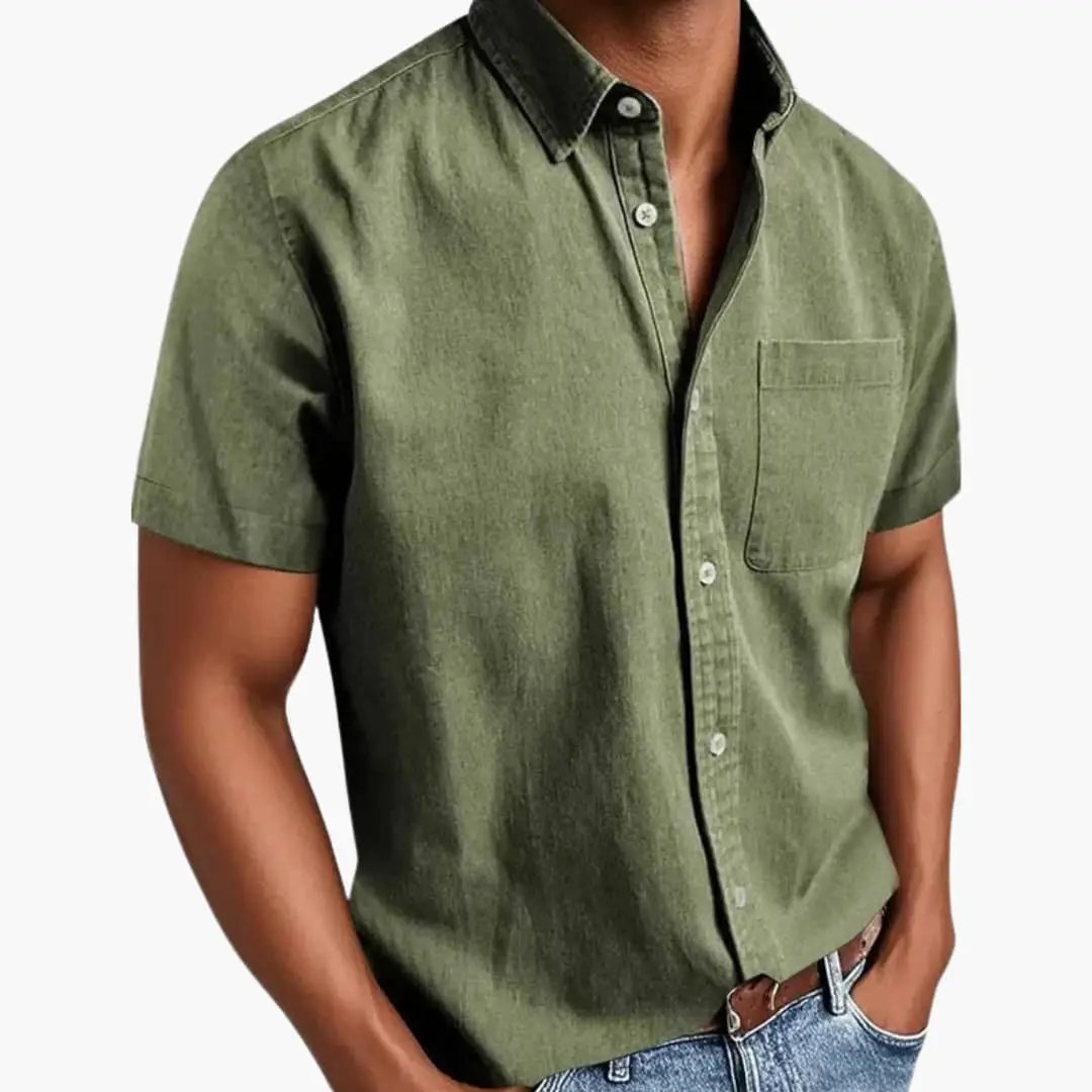 Men's short sleeve shirt with chest pocket in olive green by Wilfred Smith, tailored fit