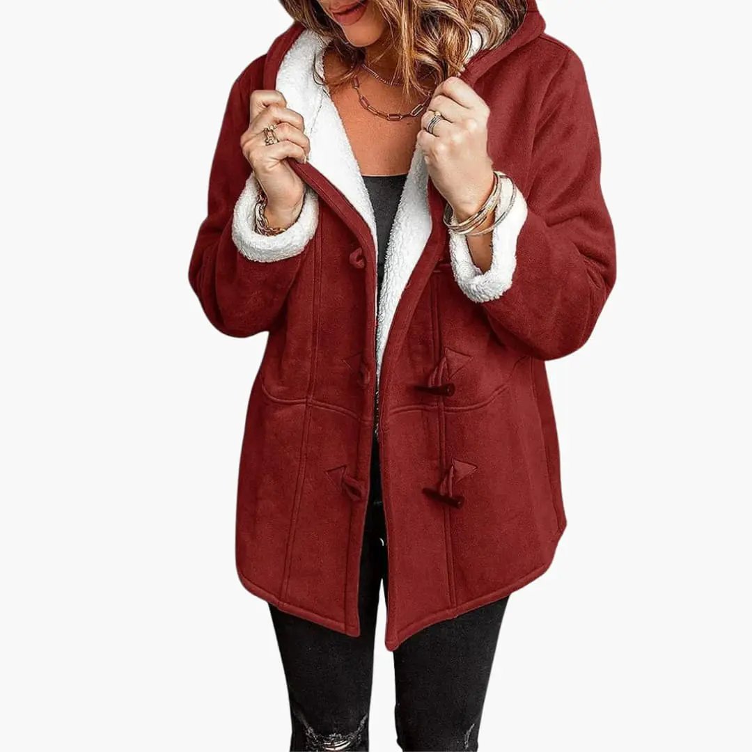 Women's red suede jacket with hood and sherpa lining, toggle closures