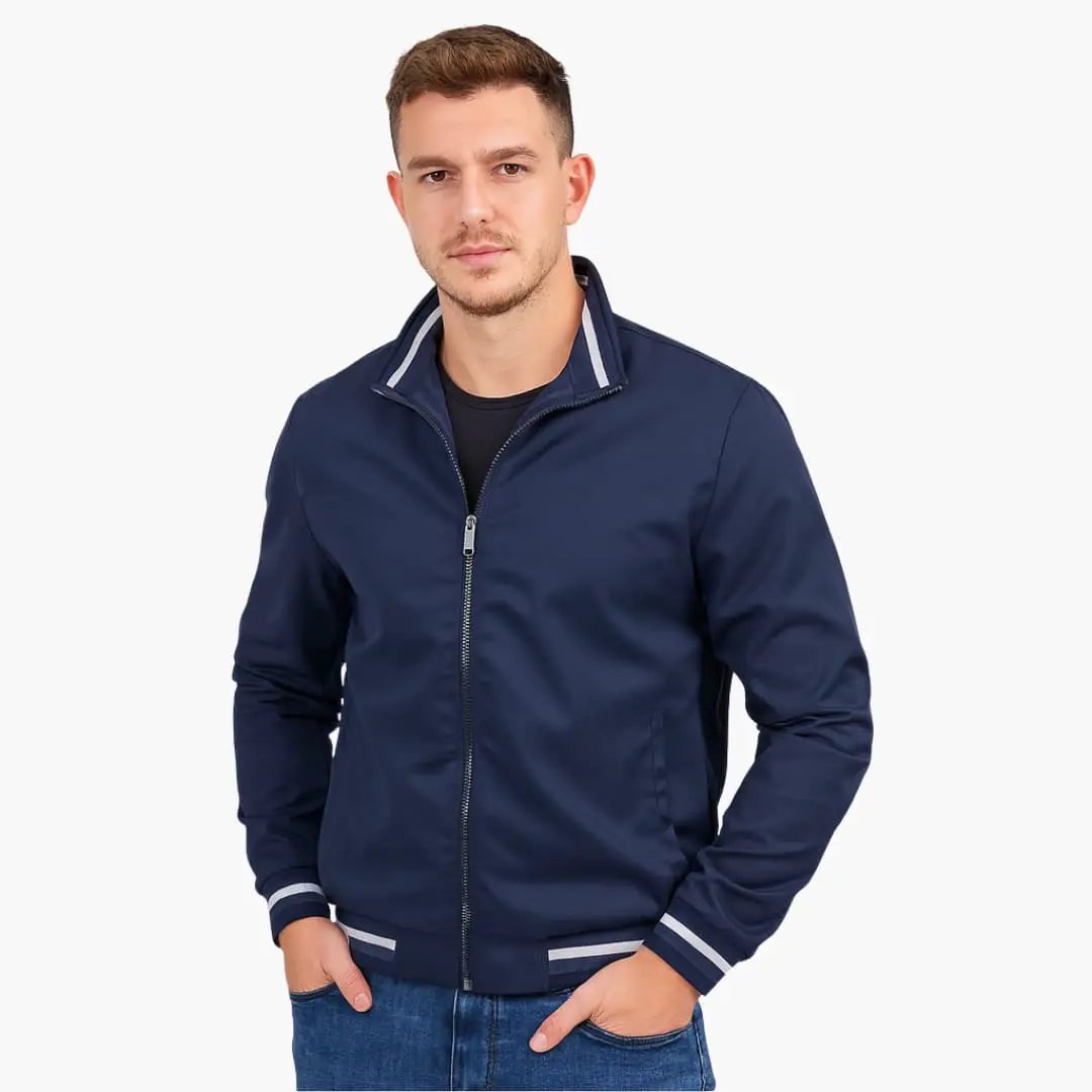 Men's navy bomber jacket with zipper and striped hem and cuffs