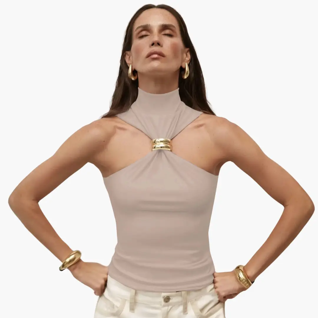 Chic high-neck halter top in taupe with gold ring accent.