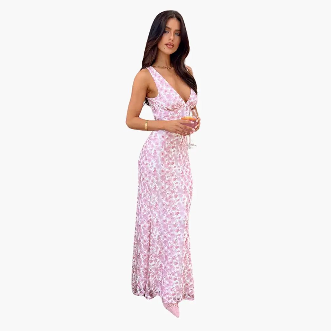 Lace Maxi Dress by Wilfred Smith in pink lace with V-neck, floor-length