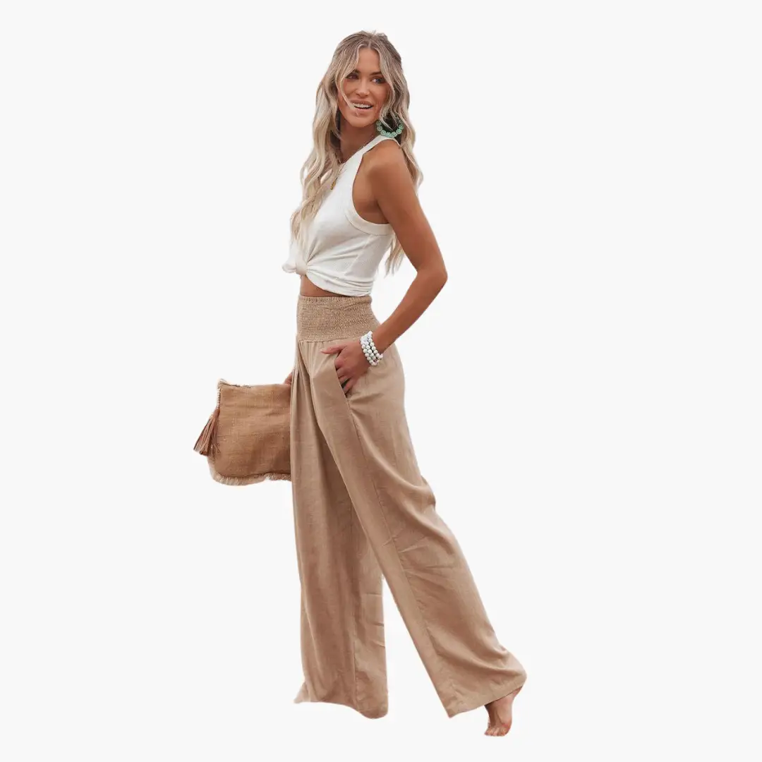 Palazzo trousers for women – wide-leg tan summer pants with smocked waistband