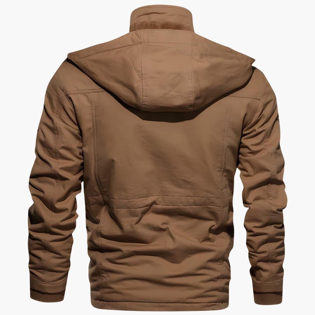 Men's brown hooded winter jacket with zipper and multiple pockets, Wilfred Smith