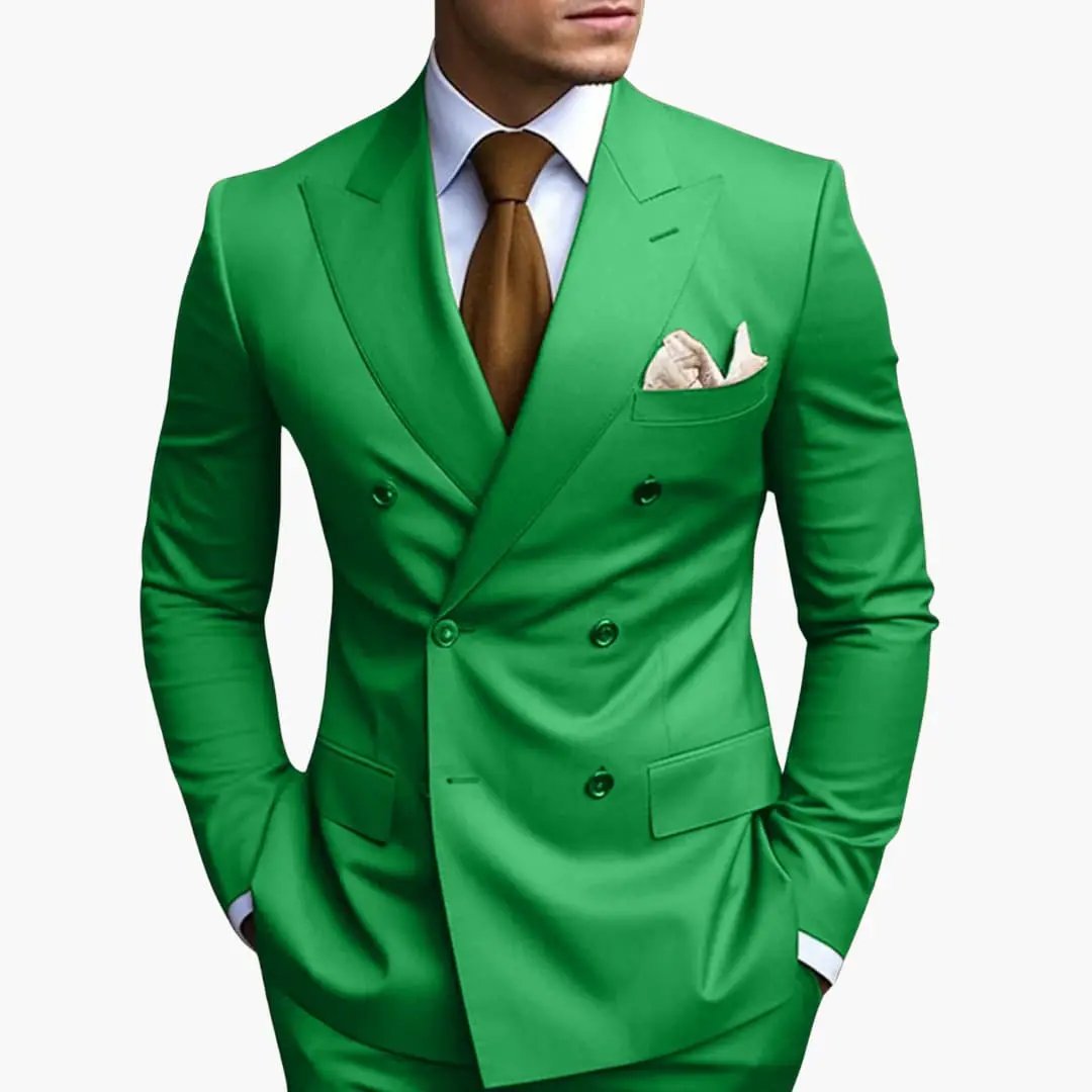 Men's Suit by Wilfred Smith, emerald green double-breasted with notched lapel and beige pocket square