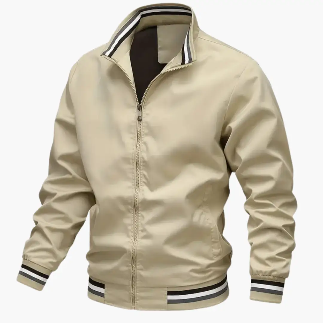 Men's beige bomber jacket by Wilfred Smith with ribbed striped collar, cuffs and hem, front zipper.