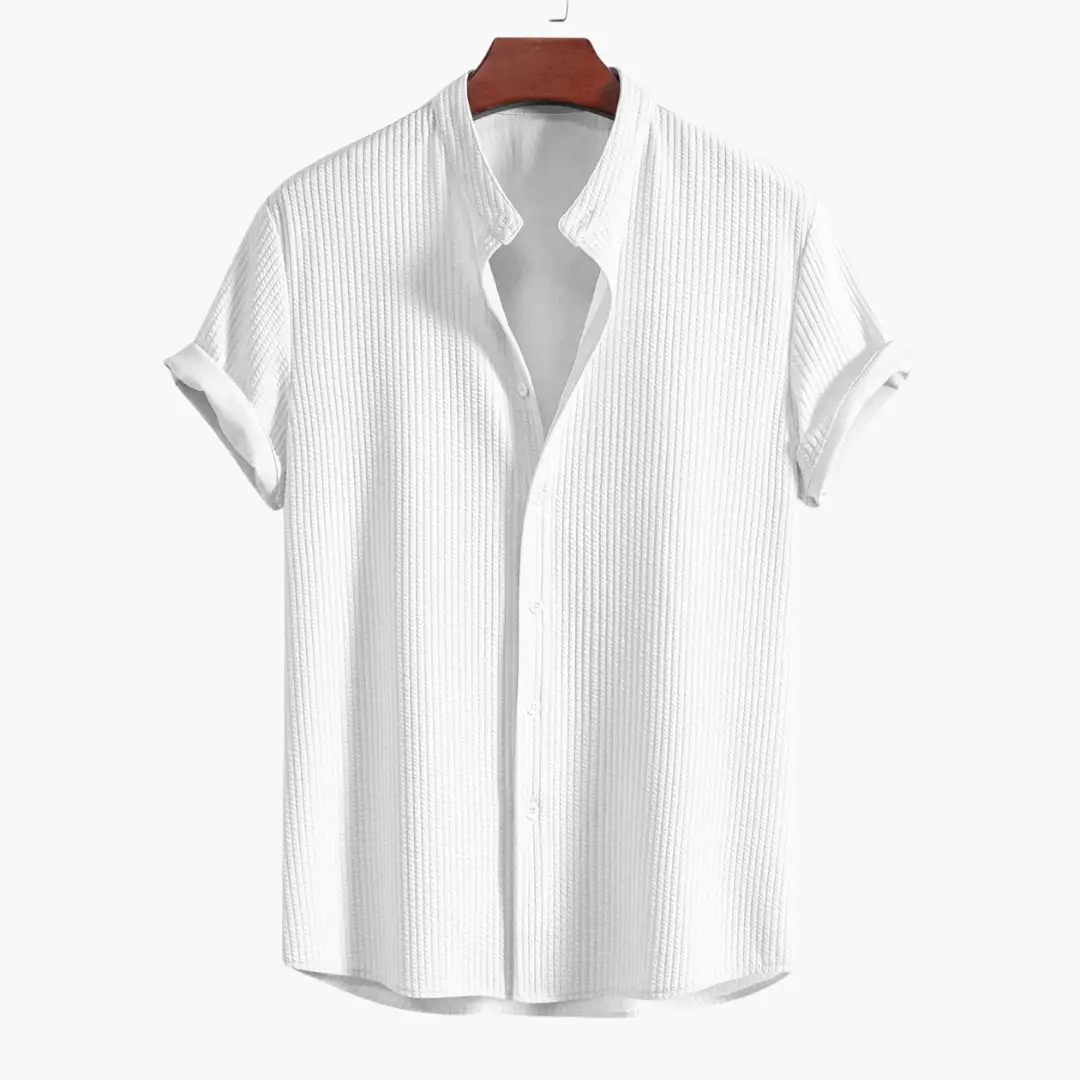 Men's white shirt with stand collar and front-button closure