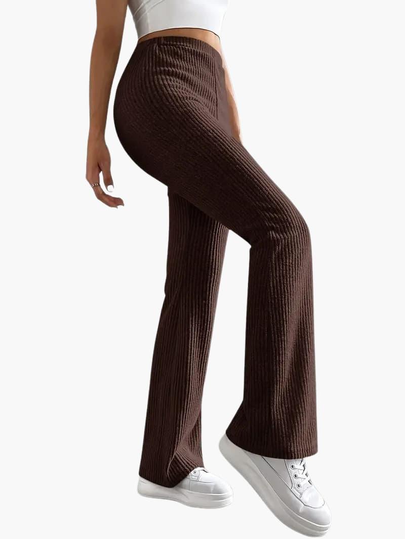 Wide High Waist Knit Pants for Women by Wilfred Smith in chocolate brown, ribbed knit, wide-leg lounge trousers.
