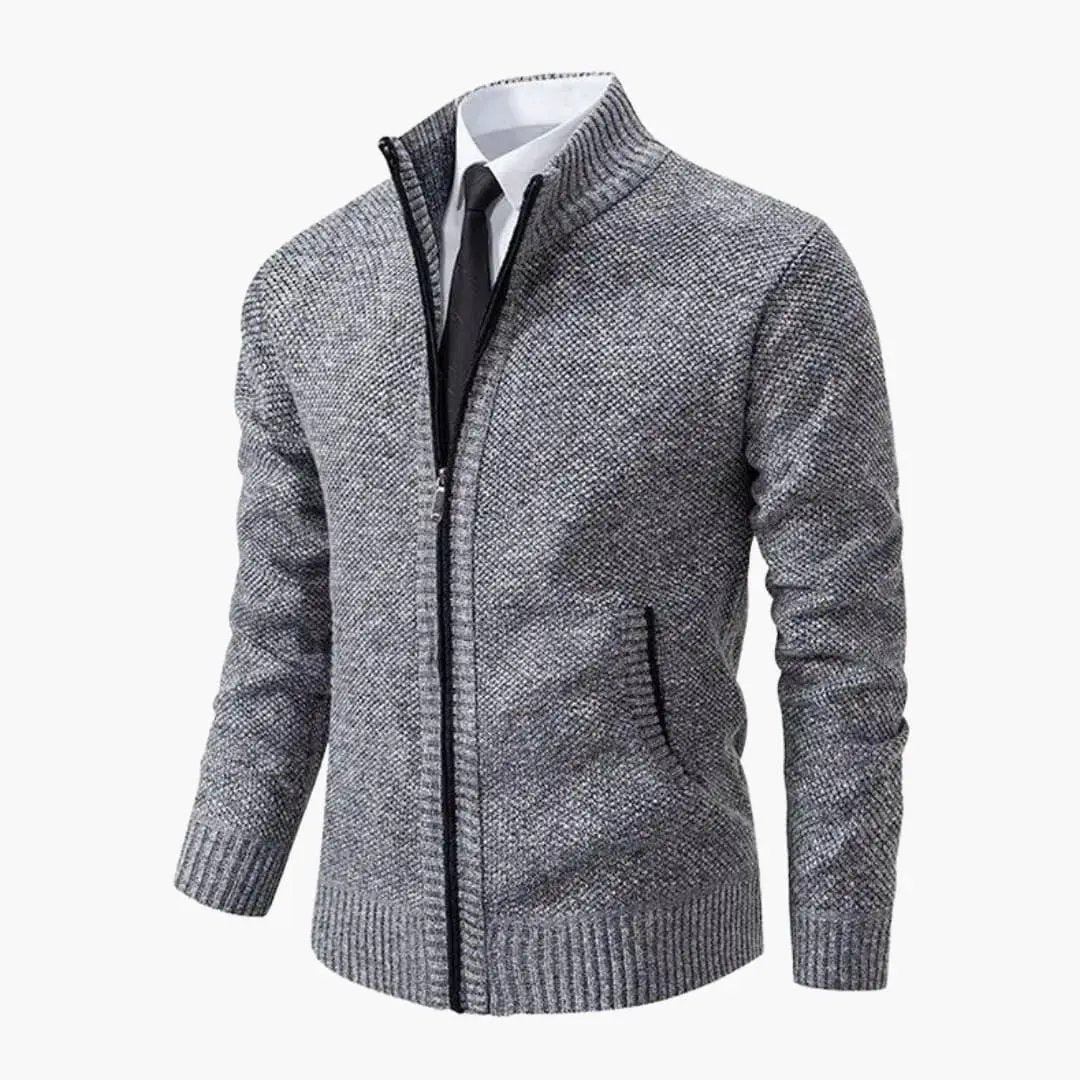 Men’s Knit Jacket with Zipper and Ribbed Collar in gray marled knit