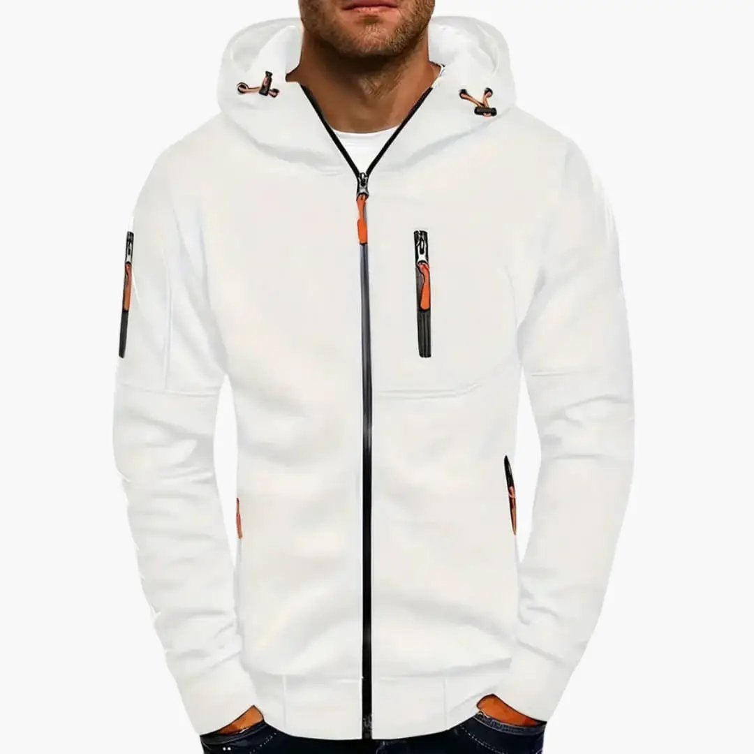 Men’s white hooded track jacket with orange zipper pulls, black zippers and zip pockets