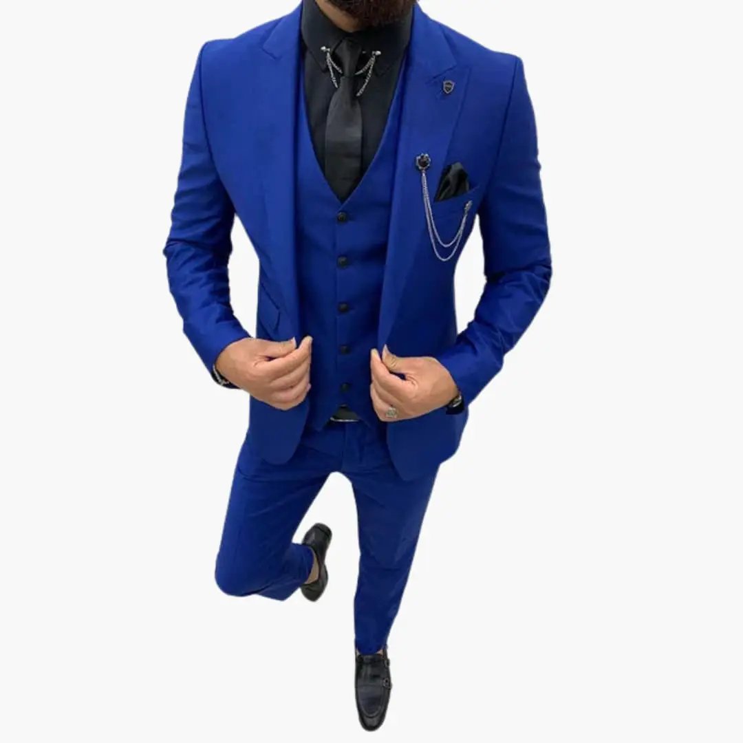 Men's three-piece royal blue suit with vest and notch lapels.