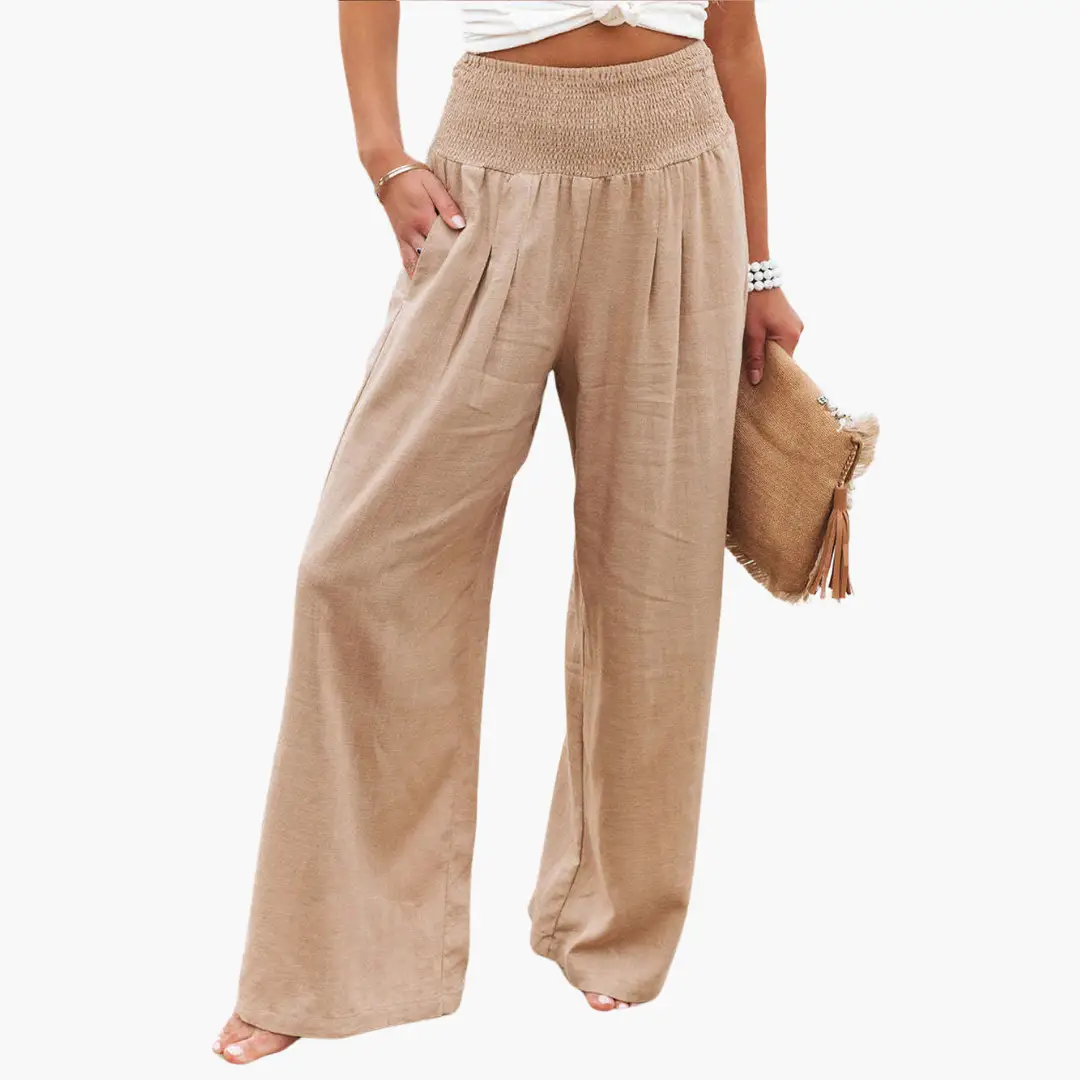 Palazzo trousers for women in beige linen-look fabric.