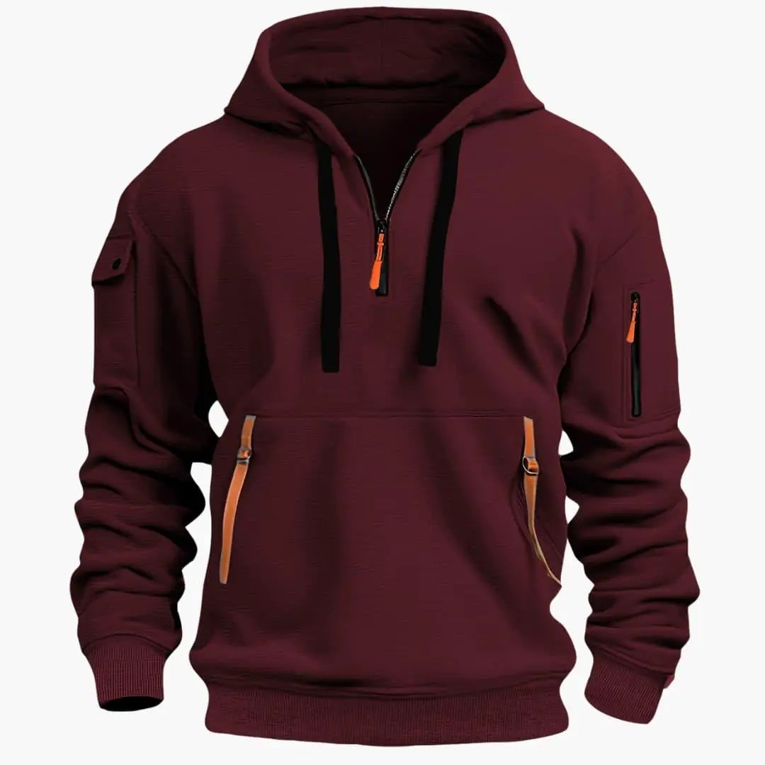 Men’s maroon hoodie with adjustable hood, black drawstrings, and front zip pockets with orange pulls.