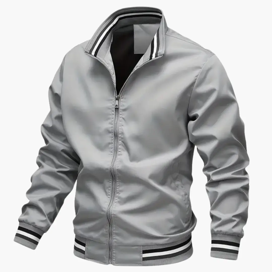 Men's bomber jacket by Wilfred Smith, light gray with ribbed collar and cuffs, front zipper.