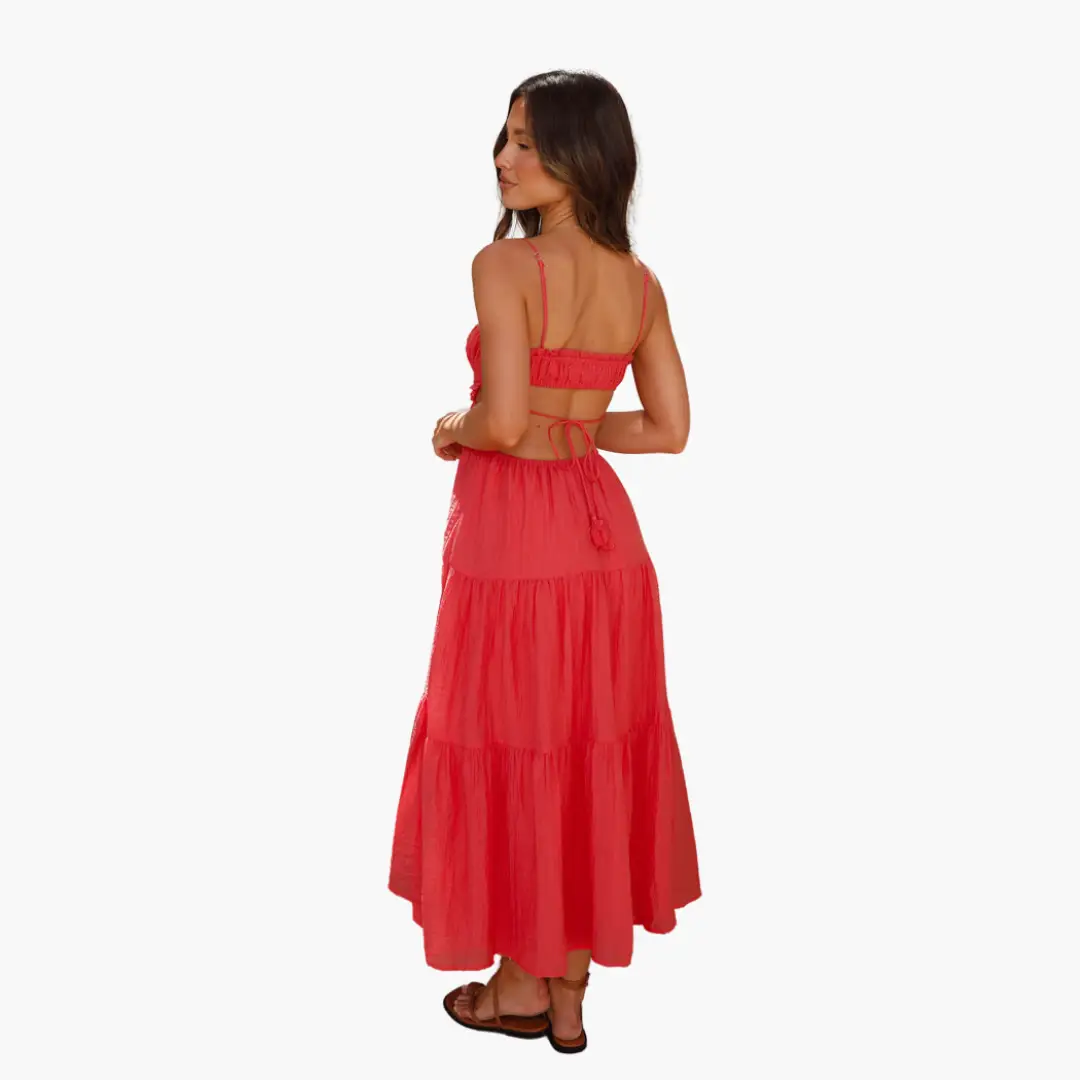 Maxi dress for women in red Boho style with back ties and tiered skirt.
