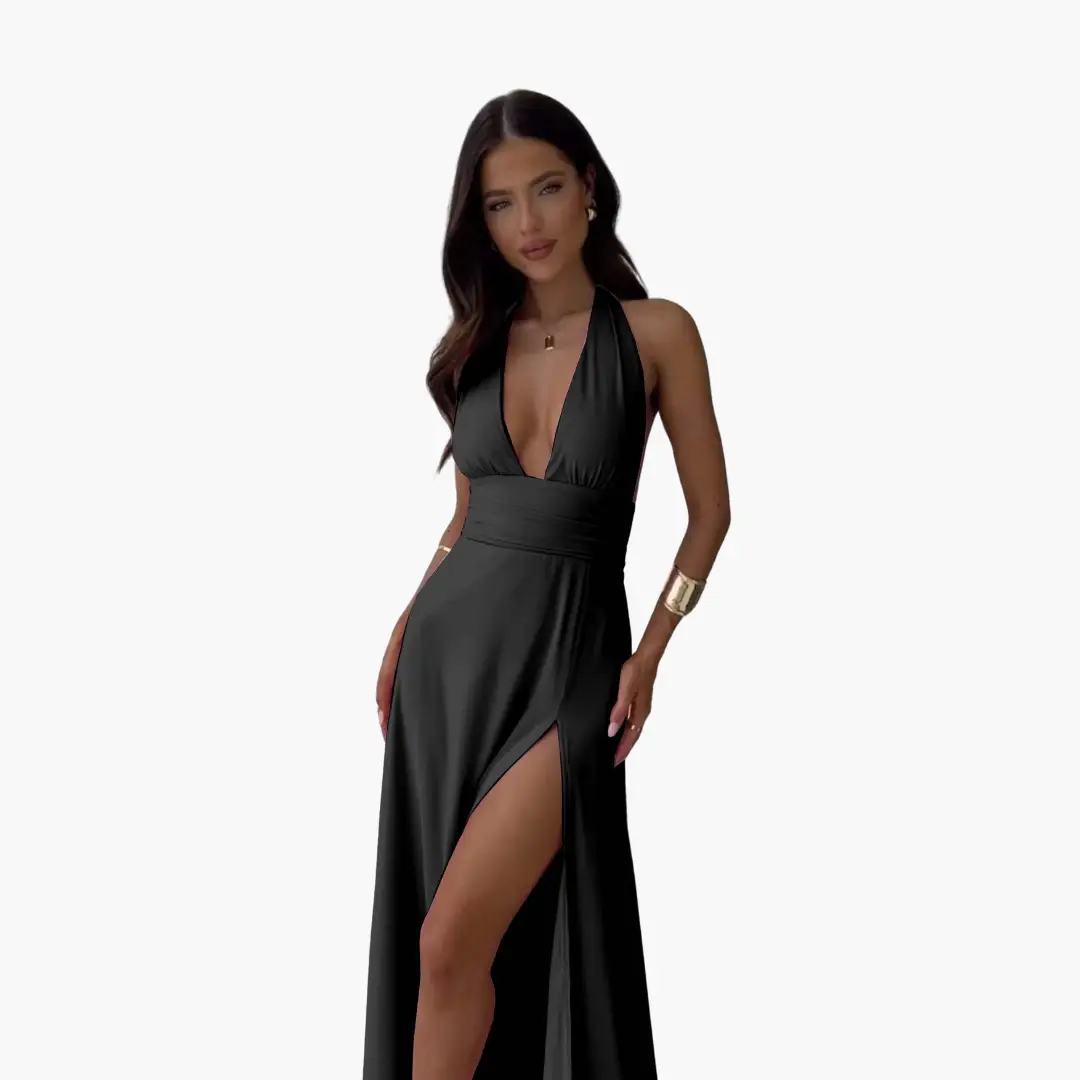 Maxi dress with halter neckline and thigh-high slit in black by Wilfred Smith