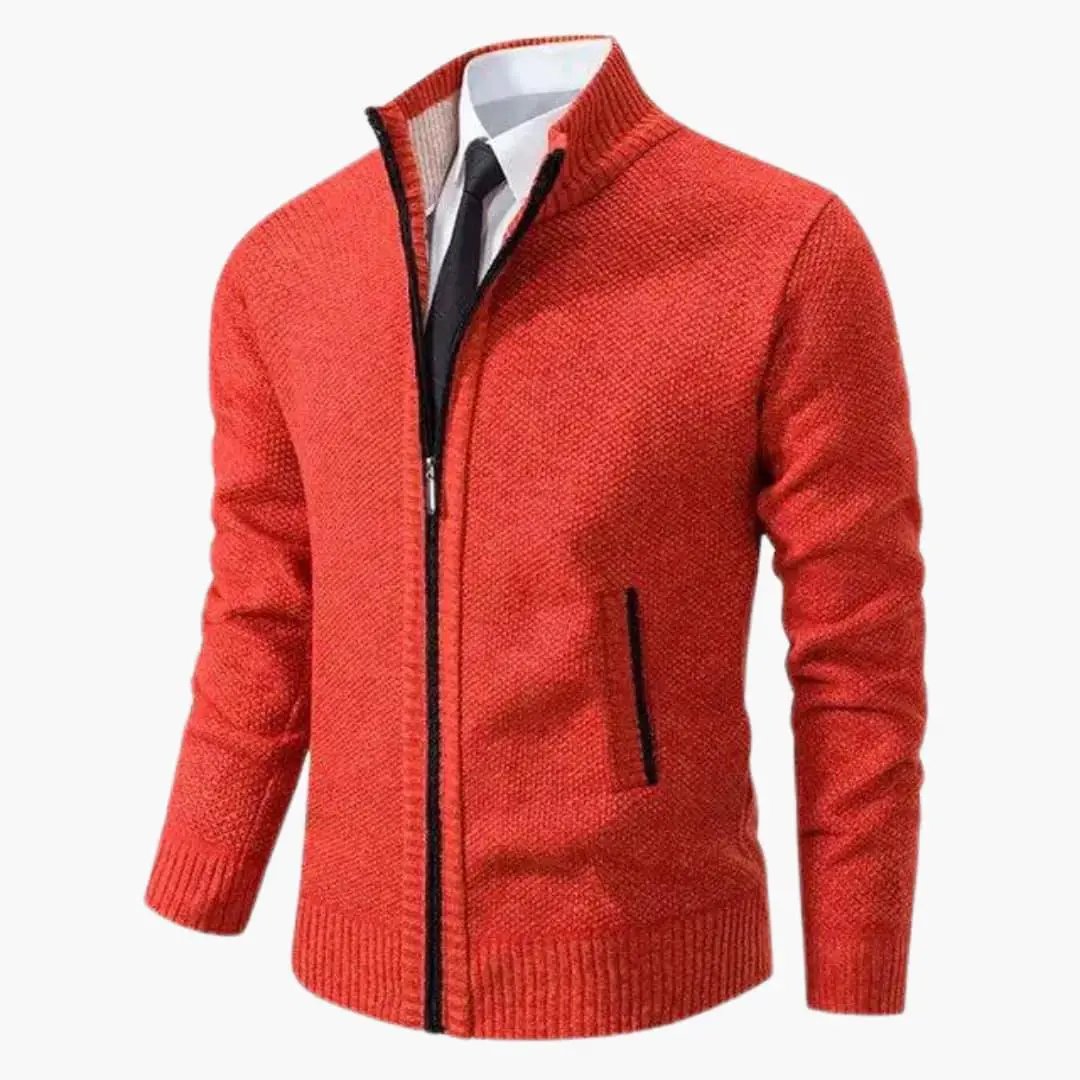 Men’s Knit Jacket by Wilfred Smith in bright red with zipper front, ribbed collar and cuffs