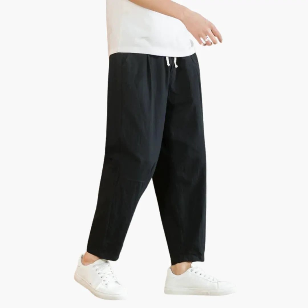 Comfortable men's trousers by Wilfred Smith in black with drawstring waist