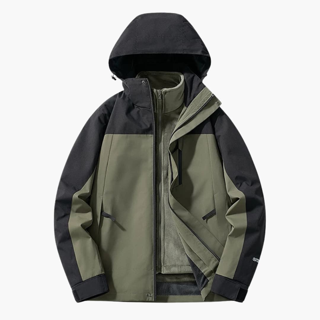 Unisex ski jacket with hood and zip pockets in olive and black color-block by Wilfred Smith
