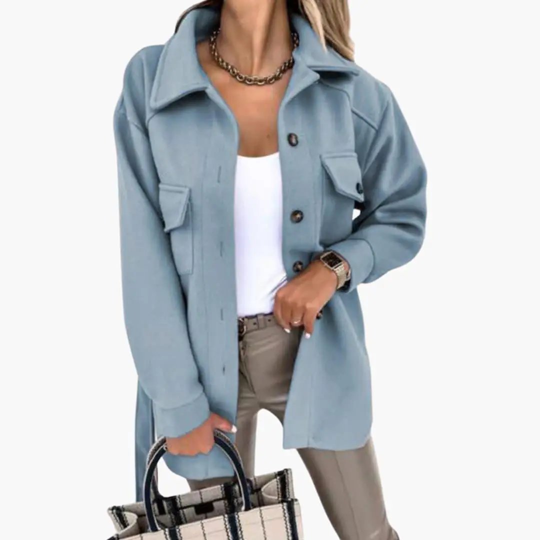 Women's blue long jacket with button front and chest pockets