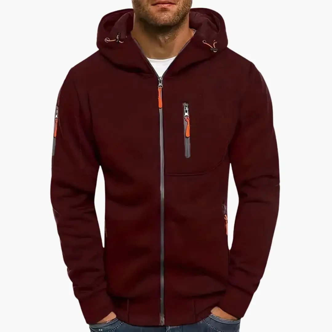 Men’s burgundy hooded jacket with zipper pockets and orange zipper pulls, Wilfred Smith track jacket