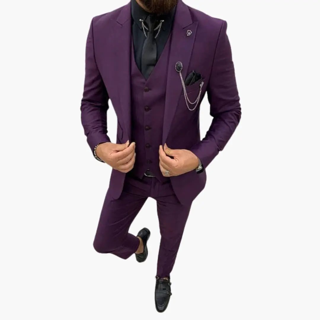 Men's three-piece suit in deep purple with notch lapel and matching vest, slim-fit.