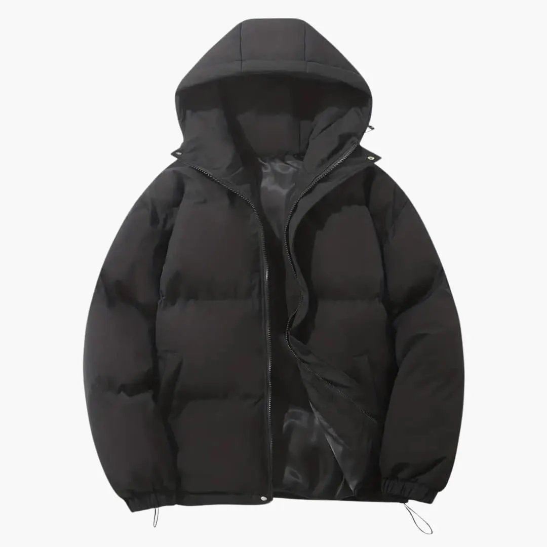 Wilfred Smith Women's Hooded Puffer Jacket in black with zipper closure